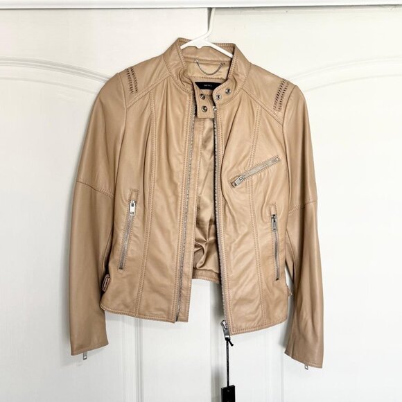 Brand New Diesel Women's Tan Leather Biker Jacket, Size XXS - Picture 4 of 11